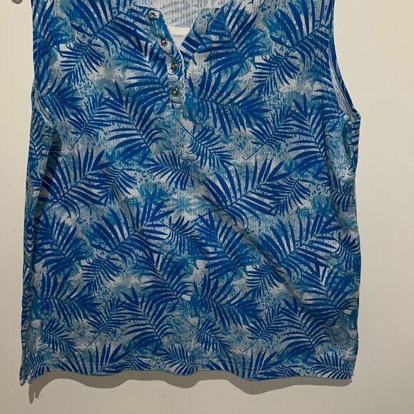 Keneth Too Women's Blue Palm Leaf Cotton Blend Henley Tank Top Size XL - Picture 2 of 8